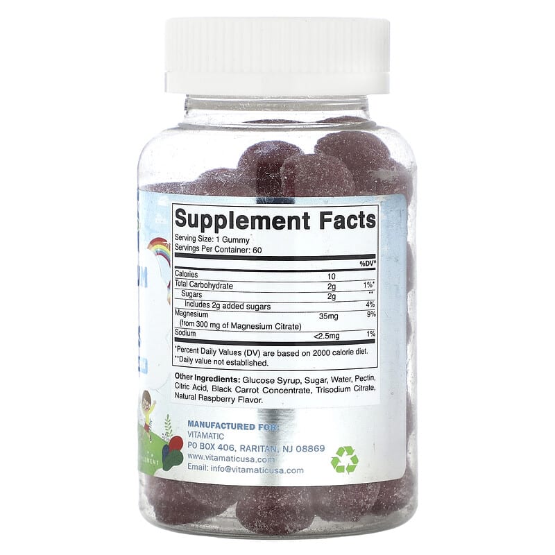 Vitamatic, Kids, Magnesium Calm Gummies, Natural Raspberry, 60 Gummies - Medaid