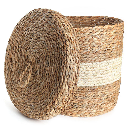 34 CM Multipurpose Handmade Wicker Woven Round Storage Basket with Lid Organizing Basket for Living Room Bedroom Nursery and Laundry - Medaid