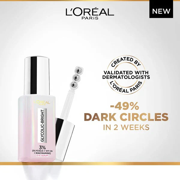 L'Oréal Paris Glycolic [3% Glycolic Acid + Vitamin CG + Niacinamide] Eye Serum for Dark circles, Brighten Eyes 20ml - Medaid