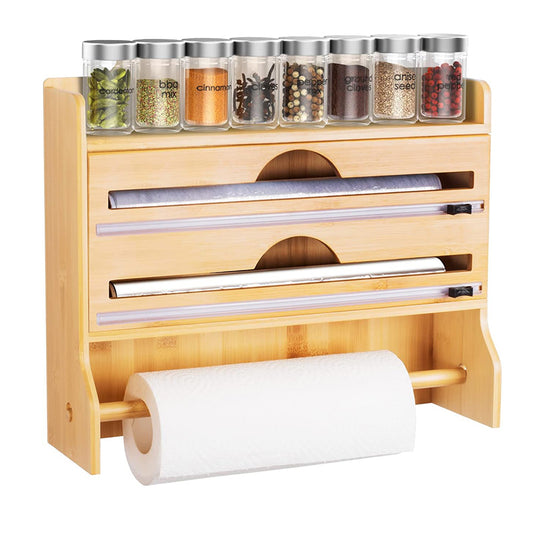 4 in 1 Bamboo Ziplock Foil and Plastic Wrap Organizer with Cutter for Kitchen Drawer or Wall Mount Spice Storage Rack and Kitchen Paper Holder - Medaid