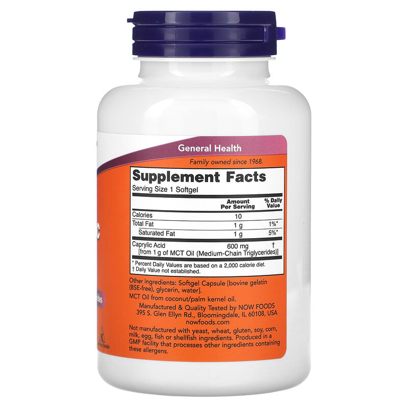 NOW Foods, Caprylic Acid, 600 mg, 100 Softgels - Medaid