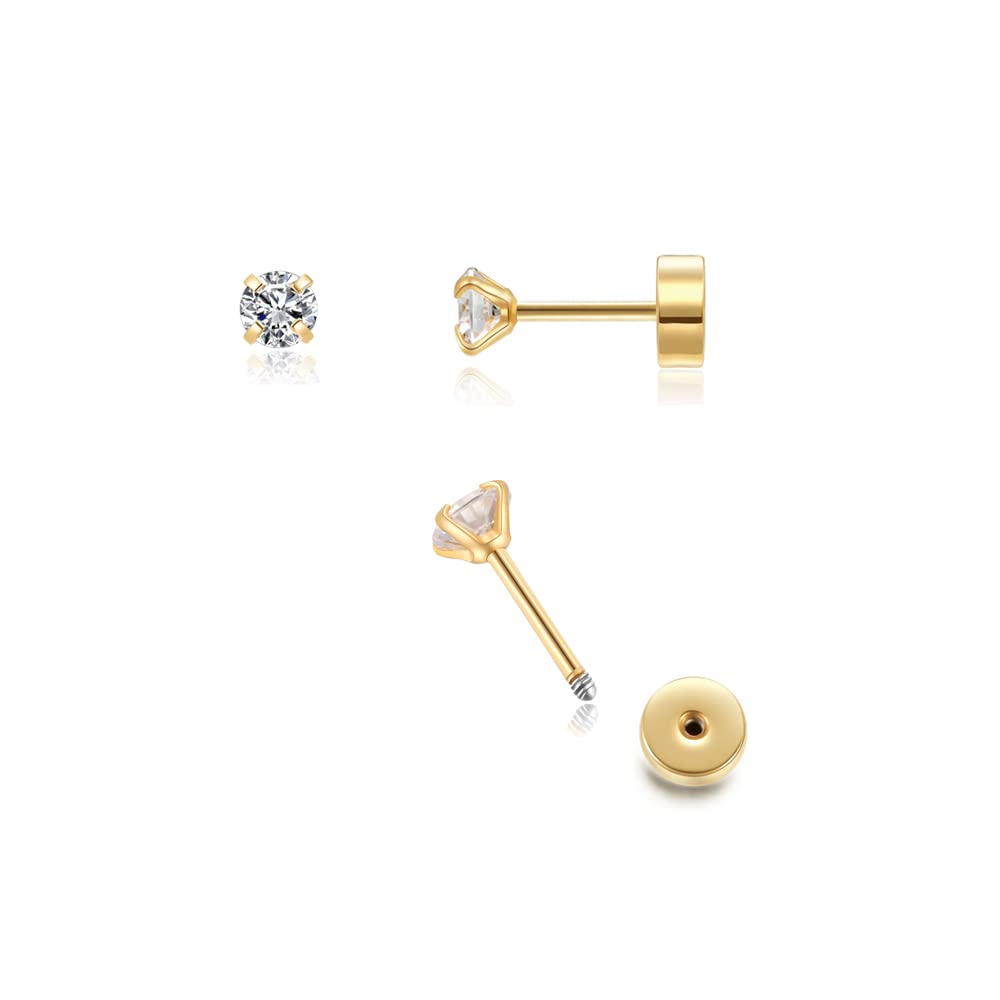3mm Tiny CZ Screw on Flat Back Stud Earrings,Gold Plated Flat Back Cubic Zirconia Earrings for Helix Cartilage Tragus Earlobe Piercing Jewelry Gift for Women Men(3mm CZ, Gold) - Medaid