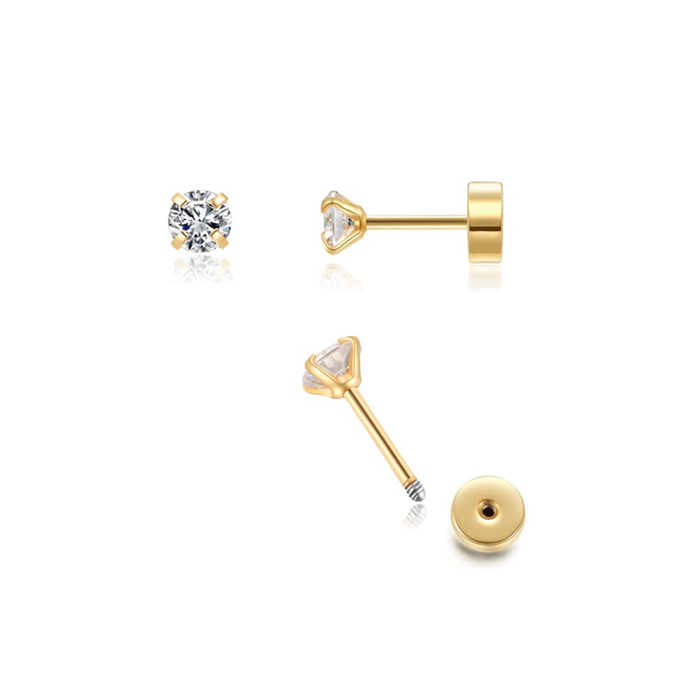 3mm Tiny CZ Screw on Flat Back Stud Earrings,Gold Plated Flat Back Cubic Zirconia Earrings for Helix Cartilage Tragus Earlobe Piercing Jewelry Gift for Women Men(3mm CZ, Gold) - Medaid