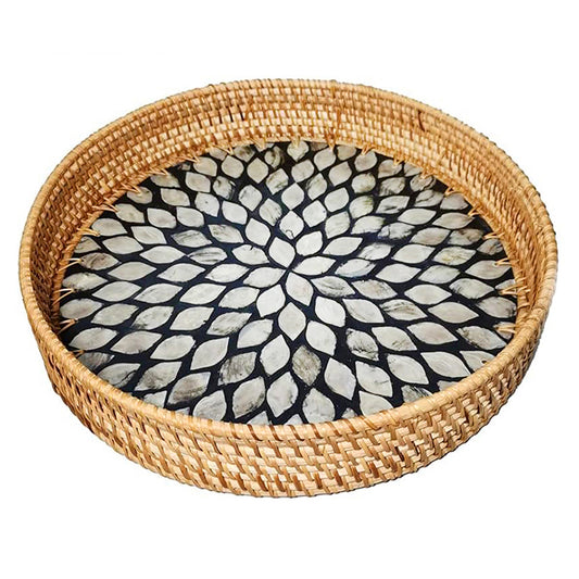 28 CM Handmade Round Rattan Tray with Black Shell Bottom Woven Serving Tray for Food Drink Snack Coffee Table Decor - Medaid