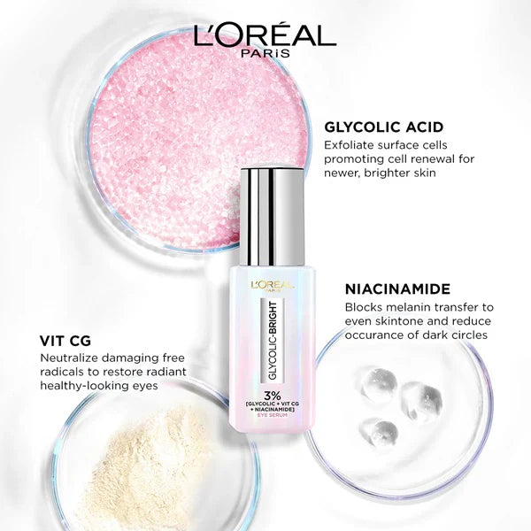 L'Oréal Paris Glycolic [3% Glycolic Acid + Vitamin CG + Niacinamide] Eye Serum for Dark circles, Brighten Eyes 20ml - Medaid