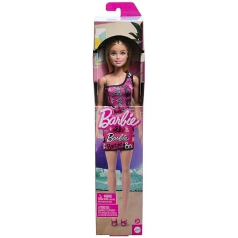 Barbie Fashion Doll with Straight Blonde Hair Wearing Removable Pink Dress & Shoes with Logo Print - Medaid