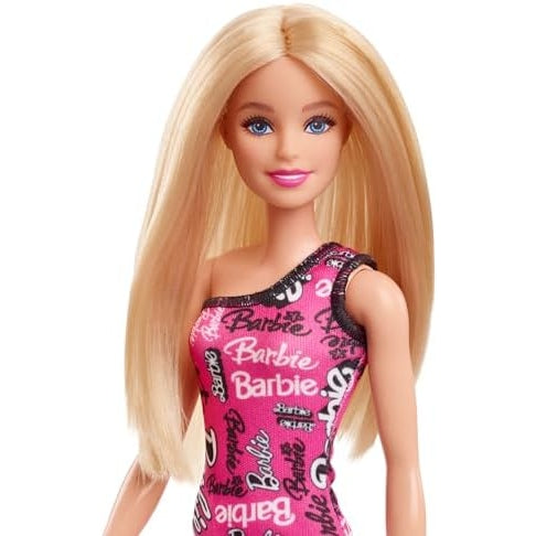 Barbie Fashion Doll with Straight Blonde Hair Wearing Removable Pink Dress & Shoes with Logo Print - Medaid