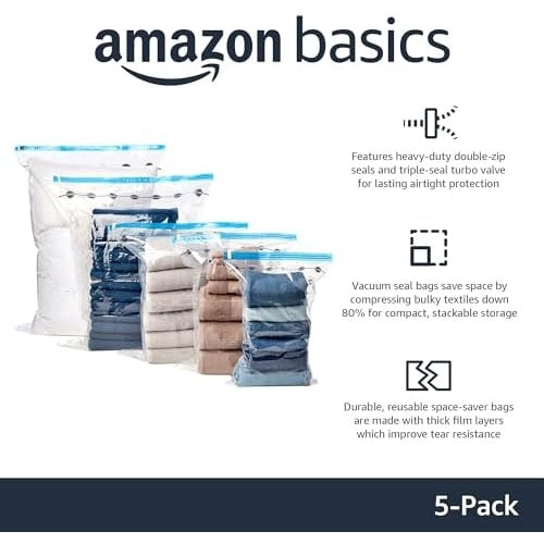 Vacuum Compression Storage Bags with Hand Pump - Large, 5-Pack - Medaid