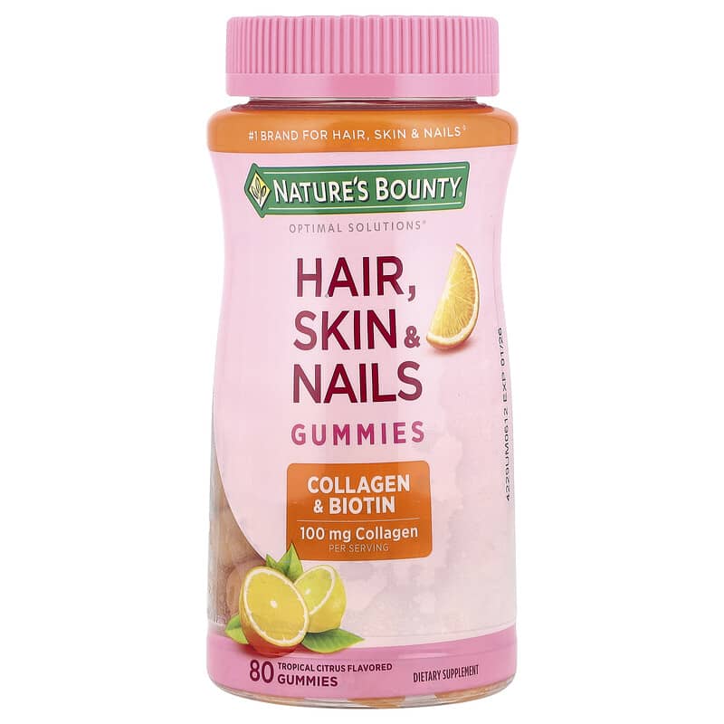 Nature's Bounty, Optimal Solutions, Hair, Skin, & Nails Gummies, Collagen & Biotin, Tropical Citrus, 80 Gummies - Medaid