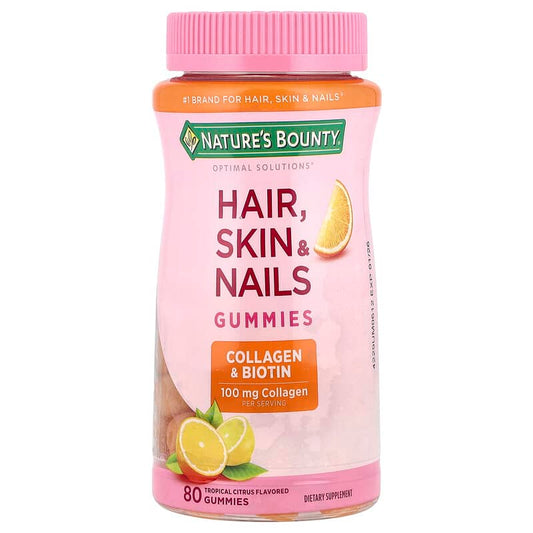 Nature's Bounty, Optimal Solutions, Hair, Skin, & Nails Gummies, Collagen & Biotin, Tropical Citrus, 80 Gummies - Medaid