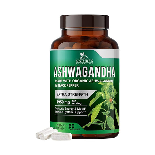 Nature's Nutrition Organic Ashwagandha Capsules Extra Strength 1950mg - Stress Support Formula - Natural Mood Support - Focus & Energy Support Supplement - 60 Capsules - Medaid