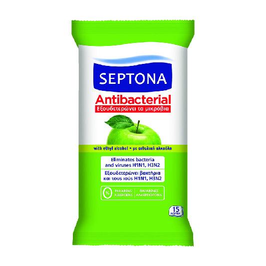 Septona Antibacterial Wipes Green Apple 15 Wipes - Medaid