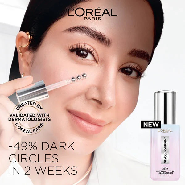 L'Oréal Paris Glycolic [3% Glycolic Acid + Vitamin CG + Niacinamide] Eye Serum for Dark circles, Brighten Eyes 20ml - Medaid