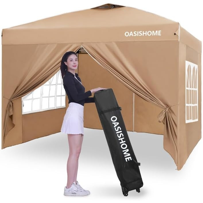OASISHOME Pop-up Gazebo Instant Canopy Tent 10'x10', with 4 Sidewalls, Windows, Wheeled Bag, for Patio/Outdoor/Wedding Parties and Events (10FTx10FT, Khaki) - Medaid