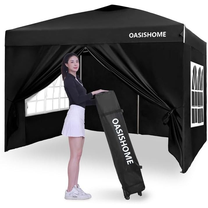 OASISHOME Pop-up Gazebo Instant Canopy Tent 10'x10', with 4 Sidewalls, Windows, Wheeled Bag, for Patio/Outdoor/Wedding Parties and Events (10FTx10FT, Khaki) - Medaid