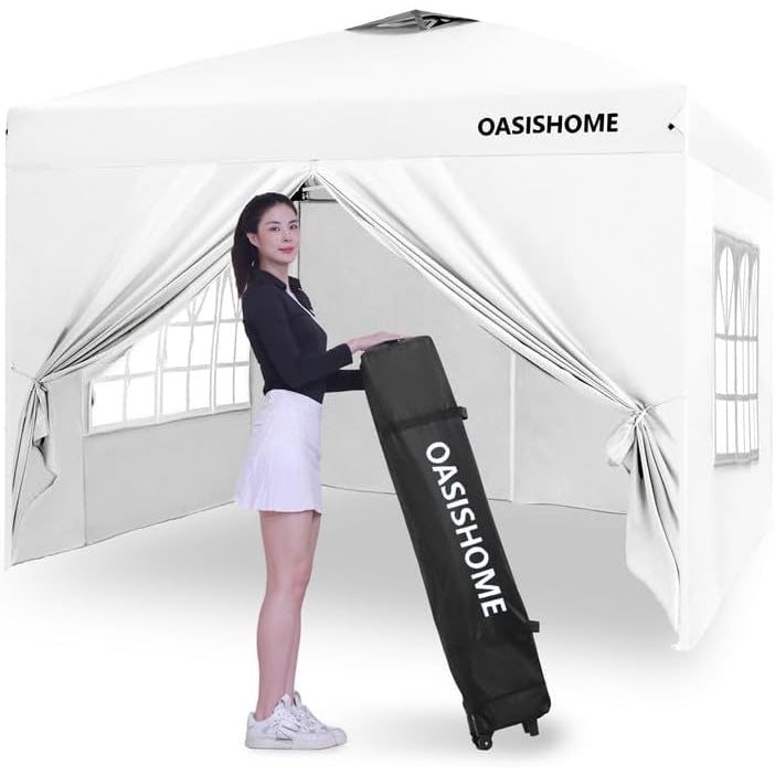 OASISHOME Pop-up Gazebo Instant Canopy Tent 10'x10', with 4 Sidewalls, Windows, Wheeled Bag, for Patio/Outdoor/Wedding Parties and Events (10FTx10FT, Khaki) - Medaid