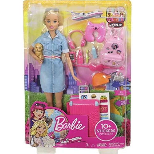 Barbie Travel Doll, Blonde, With Puppy, Opening Suitcase, Stickers And 10+ Accessories, For 3 To 7 Year Olds, Multicolor - Medaid