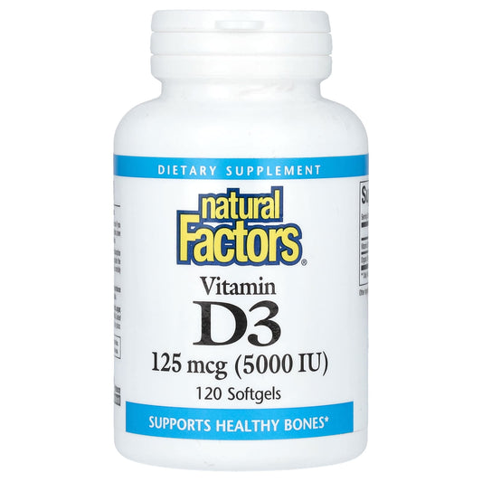 Natural Factors, Vitamin D3, 125 mcg (5,000 IU), 120 Softgels - Medaid
