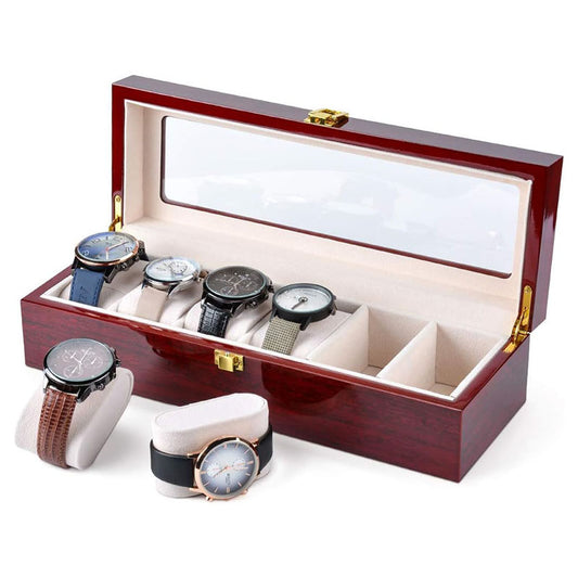 6 Slot Wooden Watch Box Display Storage Case with Glass Lid Lockable Wooden Watch Holder Organizer Brown - Medaid