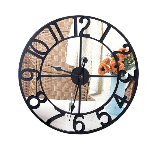 60 CM Large Wall Clock with Mirror and Wooden Back Metal Round Wall Clocks Non Ticking Battery Operated for Living Room Kitchen Bedroom Office Black - Medaid