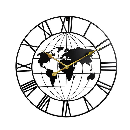 60 CM Large World Map Wall Clock Metal Round Clock Non Ticking Battery Operated Wall Clocks for Living Room Kitchen Bedroom Office Black - Medaid