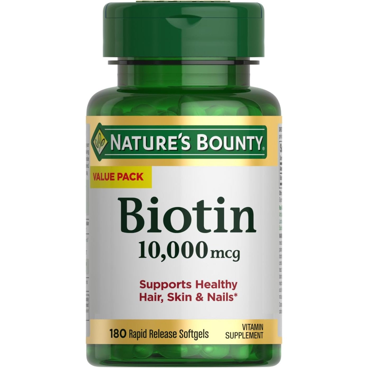 Nature's Bounty Biotin, Supports Healthy Hair, Skin and Nails, 10,000 mcg, Rapid Release Softgels, 180 Ct - Medaid