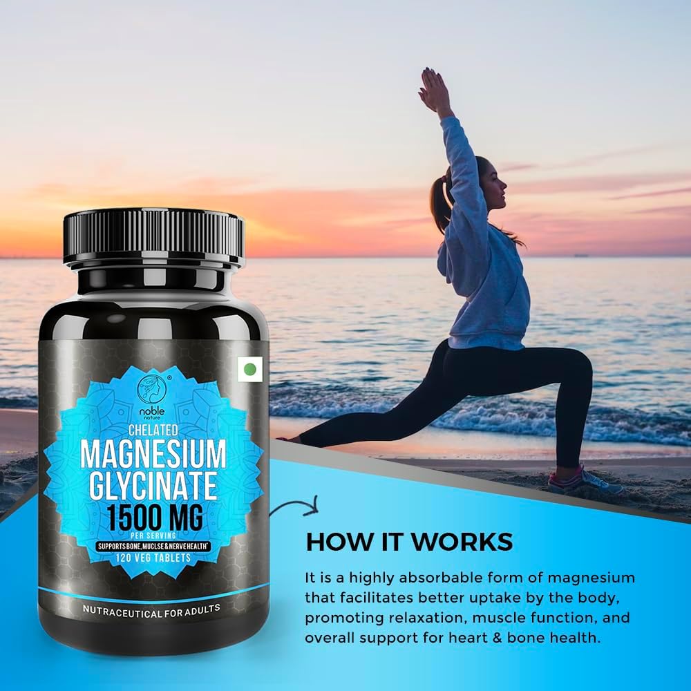 Noble Nature Magnesium Glycinate Chelated 1500MG - High Absorption Supplement to Support Nerves and Muscles Health - 120 Veg Tablets - Medaid