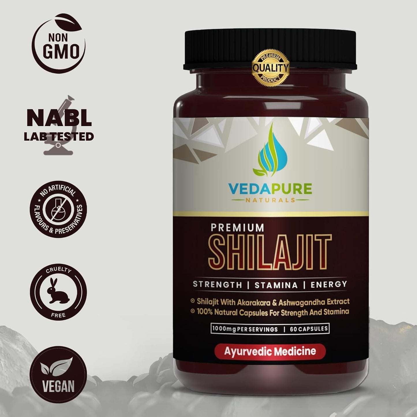 Vedapure Natural Shilajit/Shilajeet with Safed Musli & Ashwagandha Extracts - 1000mg 60 Capsules - Medaid