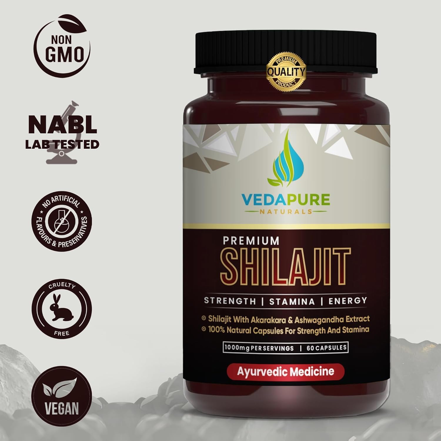 Vedapure Natural Shilajit/Shilajeet with Safed Musli & Ashwagandha Extracts - 1000mg 60 Capsules - Medaid