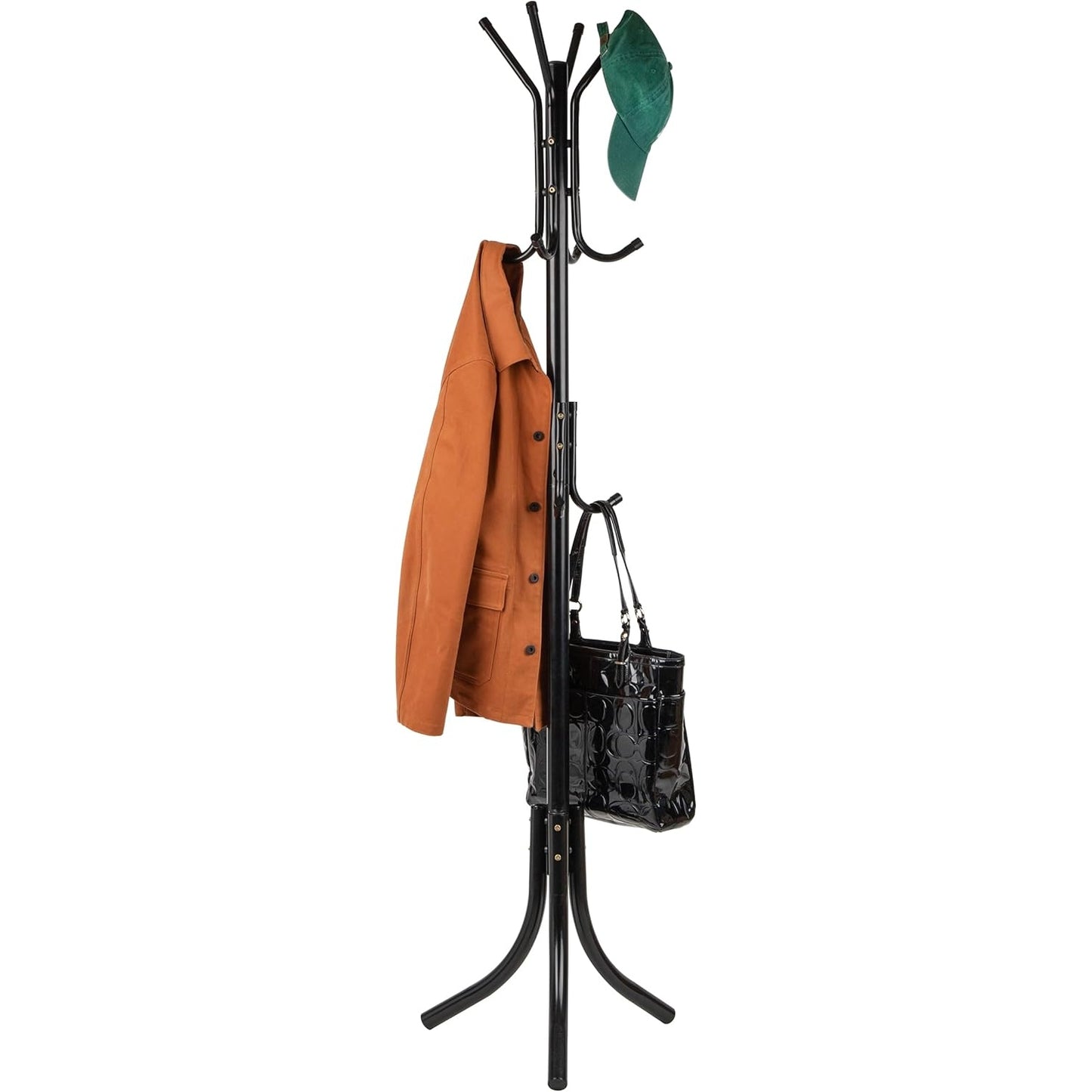 Mind Reader COATRACK11 Standing Metal Coat Rack Hat Hanger 11 Hook for Jacket, Purse, Scarf Rack, Umbrella Tree Stand, Black - Medaid