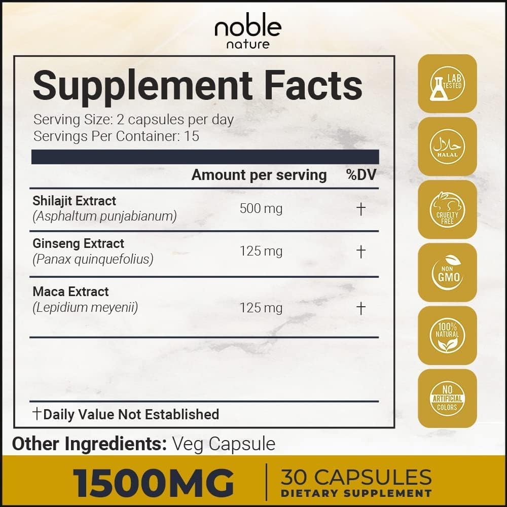 Noble Nature Pure Himalayan Shilajit Extract Capsules with Ginseng and Maca | 1500mg Concentrated Extract Formula - Medaid