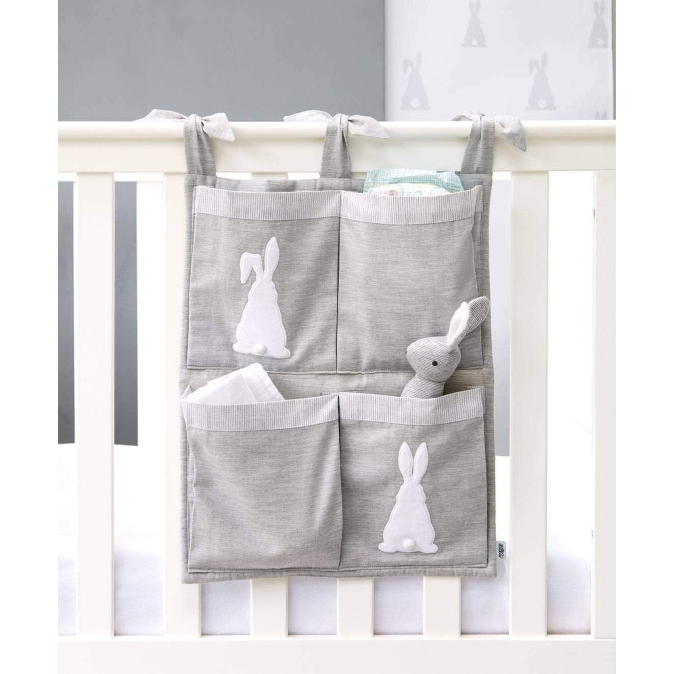 Nursery Organizer, Hanging Storage, Nursery Décor, Bunny Rabbit Design - Grey 4 Pocket - Medaid International