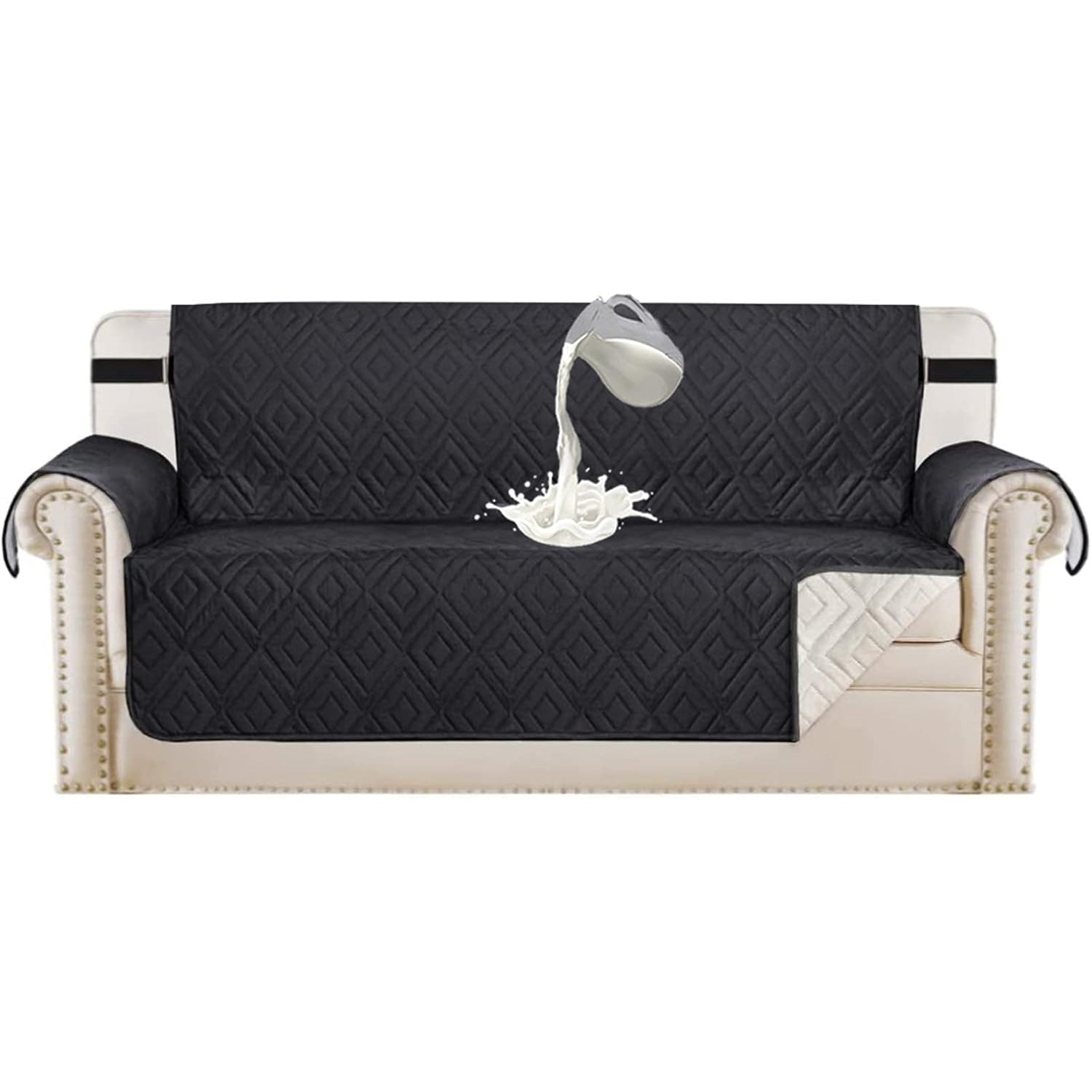 SHUOJIA Quilted Sofa Cover Reversible Sofa Protector 1,2,3 Seater Armchair Cover with Adjustable Elastic Straps (Black,2-seats) - Medaid
