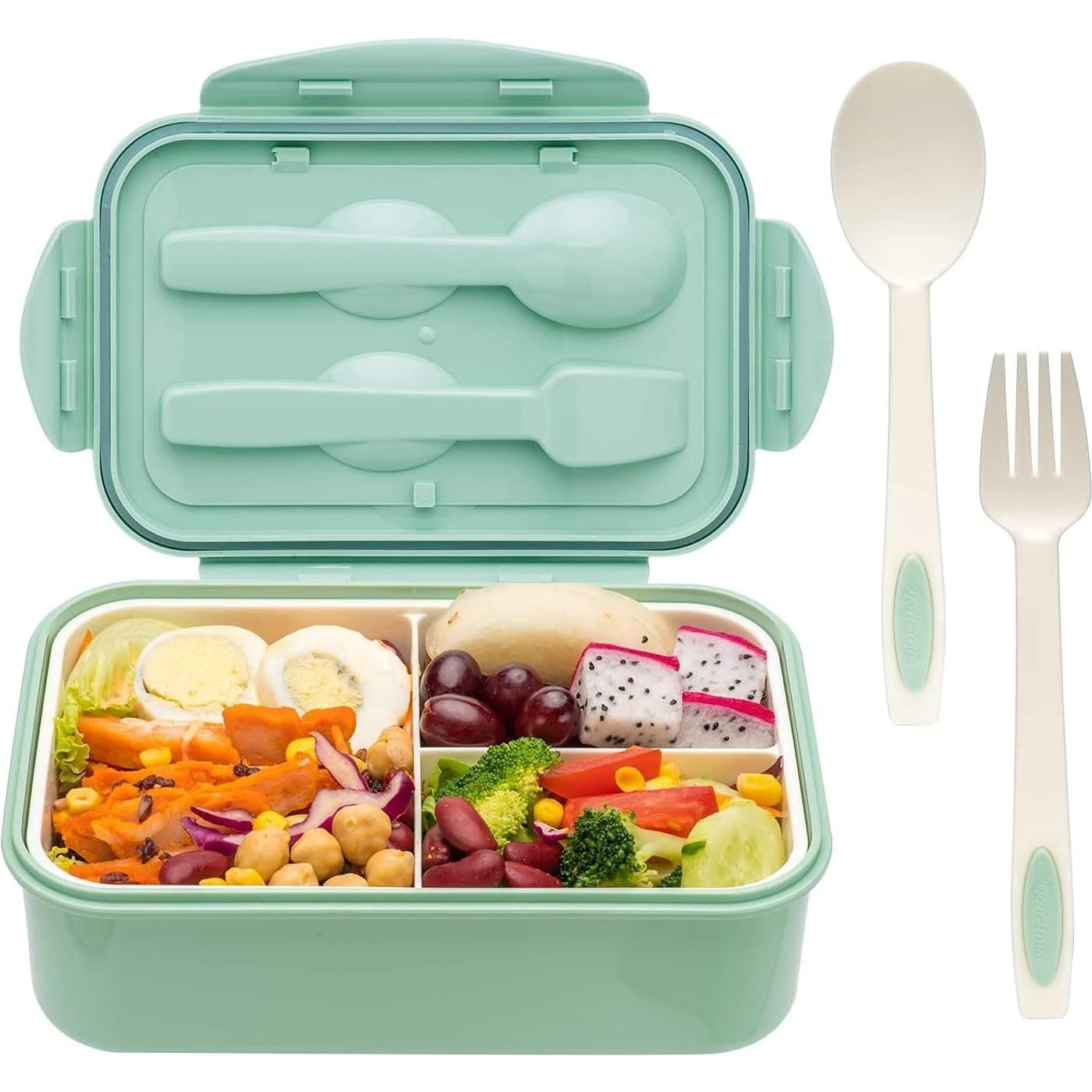YumLock Bento Box, 3 Compartments 1400ml Lunch Box For Kids and Adults with Reusable Spoon and Fork, Leakproof Food Container for On the Go Meal, Microwave Safe (Khaki) - Medaid