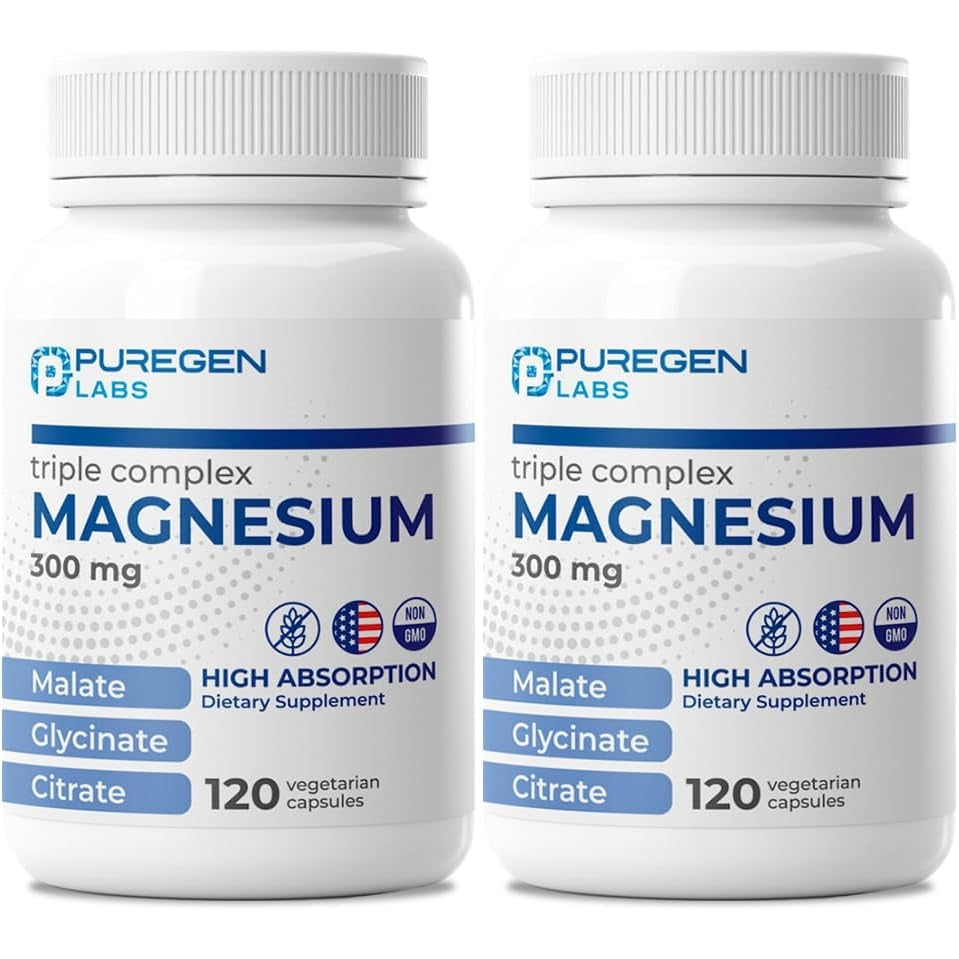 Puregen Labs Triple Magnesium Complex 300mg of Magnesium Glycinate, Malate, & Citrate [High Absorption] Total 240 Veg Capsules | No Harmful Additives | Non-GMO, NO Gluten and Dairy | Made in USA - Medaid