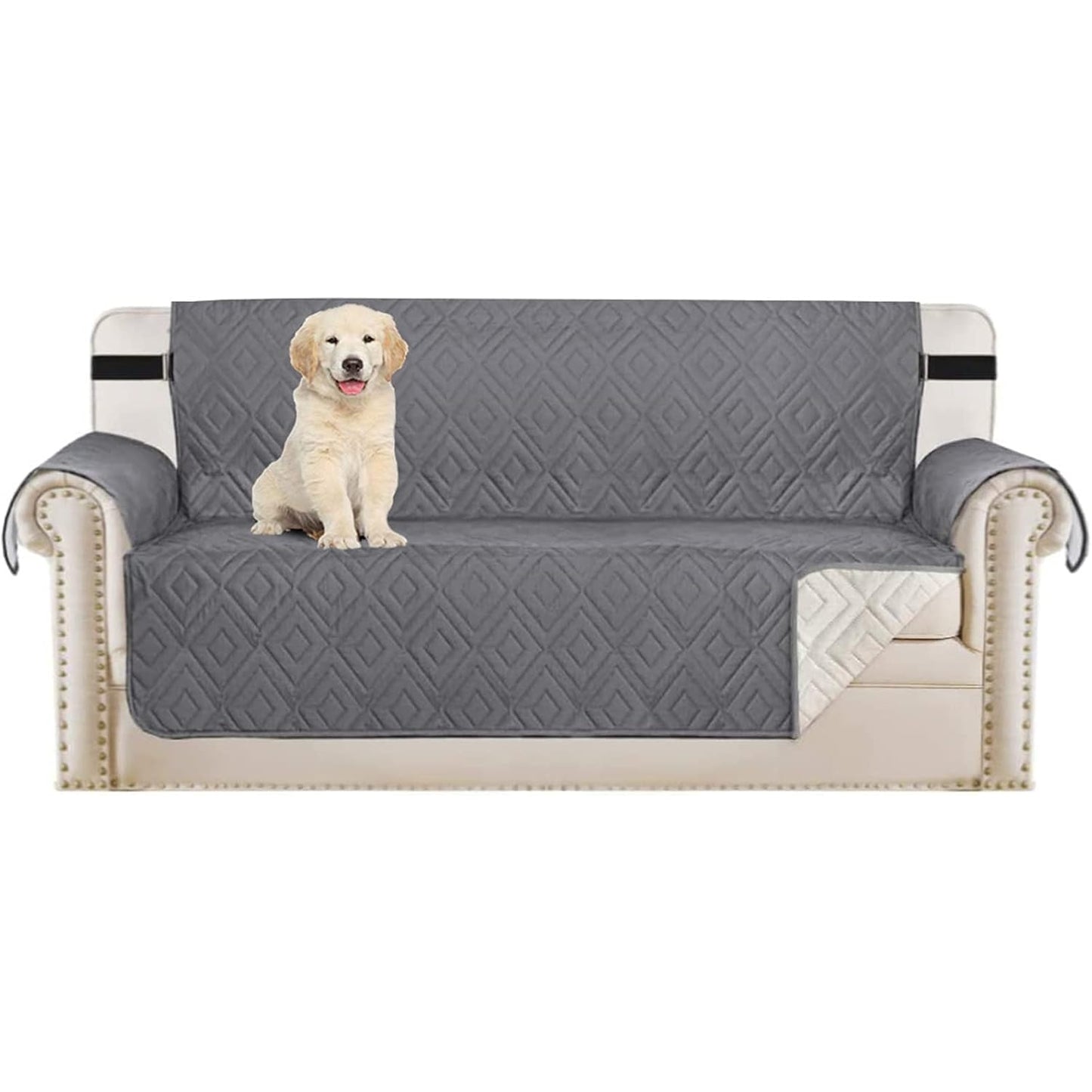 SHUOJIA Quilted Sofa Cover Reversible Sofa Protector 1,2,3 Seater Armchair Cover with Adjustable Elastic Straps (Black,2-seats) - Medaid