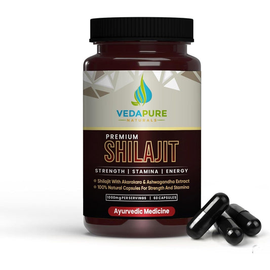 Vedapure Natural Shilajit/Shilajeet with Safed Musli & Ashwagandha Extracts - 1000mg 60 Capsules - Medaid