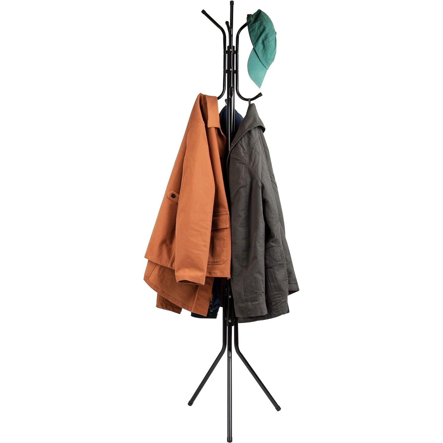 Mind Reader COATRACK11 Standing Metal Coat Rack Hat Hanger 11 Hook for Jacket, Purse, Scarf Rack, Umbrella Tree Stand, Black - Medaid