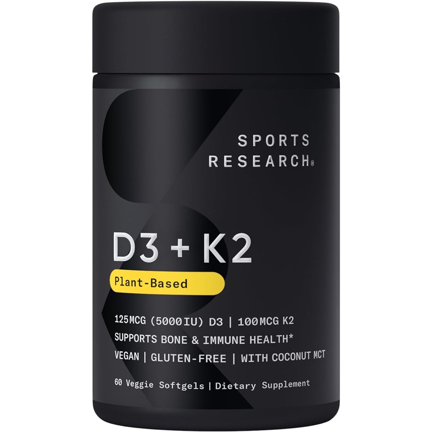 Sports Research Vitamin D3 K2 with Coconut Oil | Plant Based Vitamin K2 MK7 + Vegan D3 5000iu | Vegan Certified, Soy & Gluten Free - 60 Count Softgels - Medaid