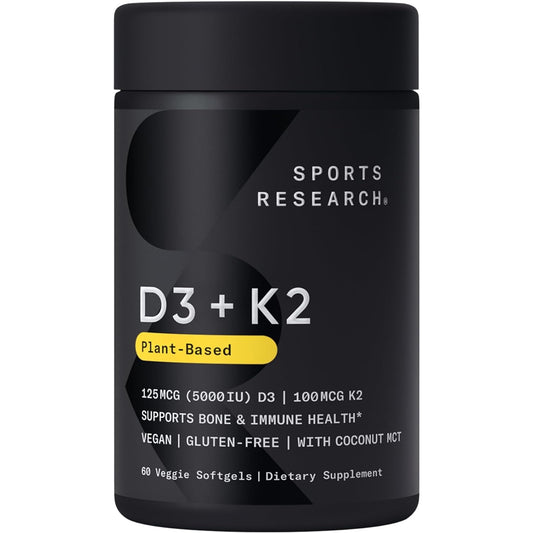 Sports Research Vitamin D3 K2 with Coconut Oil | Plant Based Vitamin K2 MK7 + Vegan D3 5000iu | Vegan Certified, Soy & Gluten Free - 60 Count Softgels - Medaid