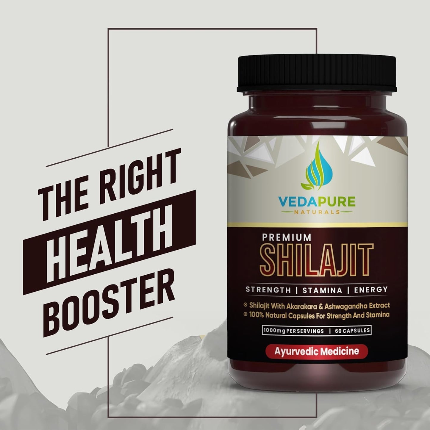 Vedapure Natural Shilajit/Shilajeet with Safed Musli & Ashwagandha Extracts - 1000mg 60 Capsules - Medaid