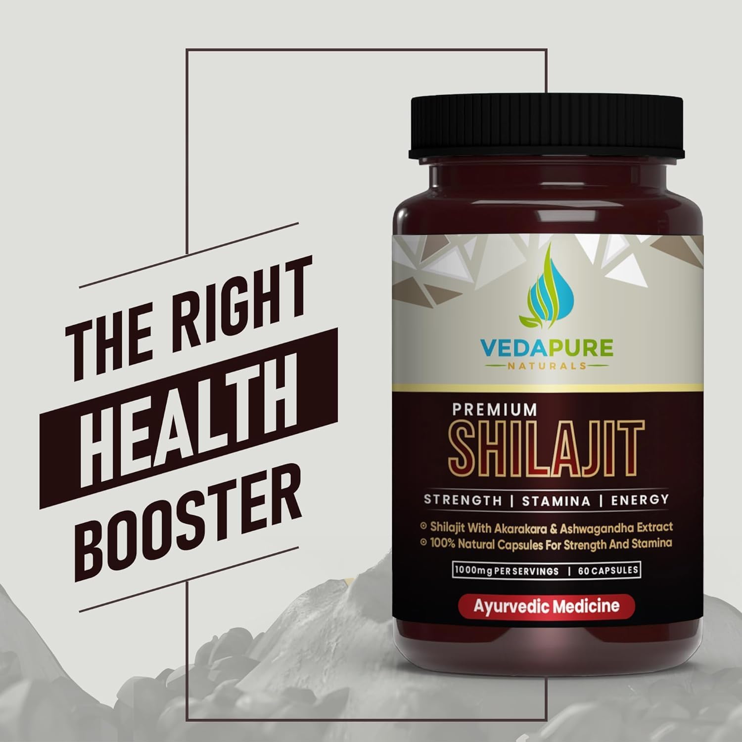 Vedapure Natural Shilajit/Shilajeet with Safed Musli & Ashwagandha Extracts - 1000mg 60 Capsules - Medaid