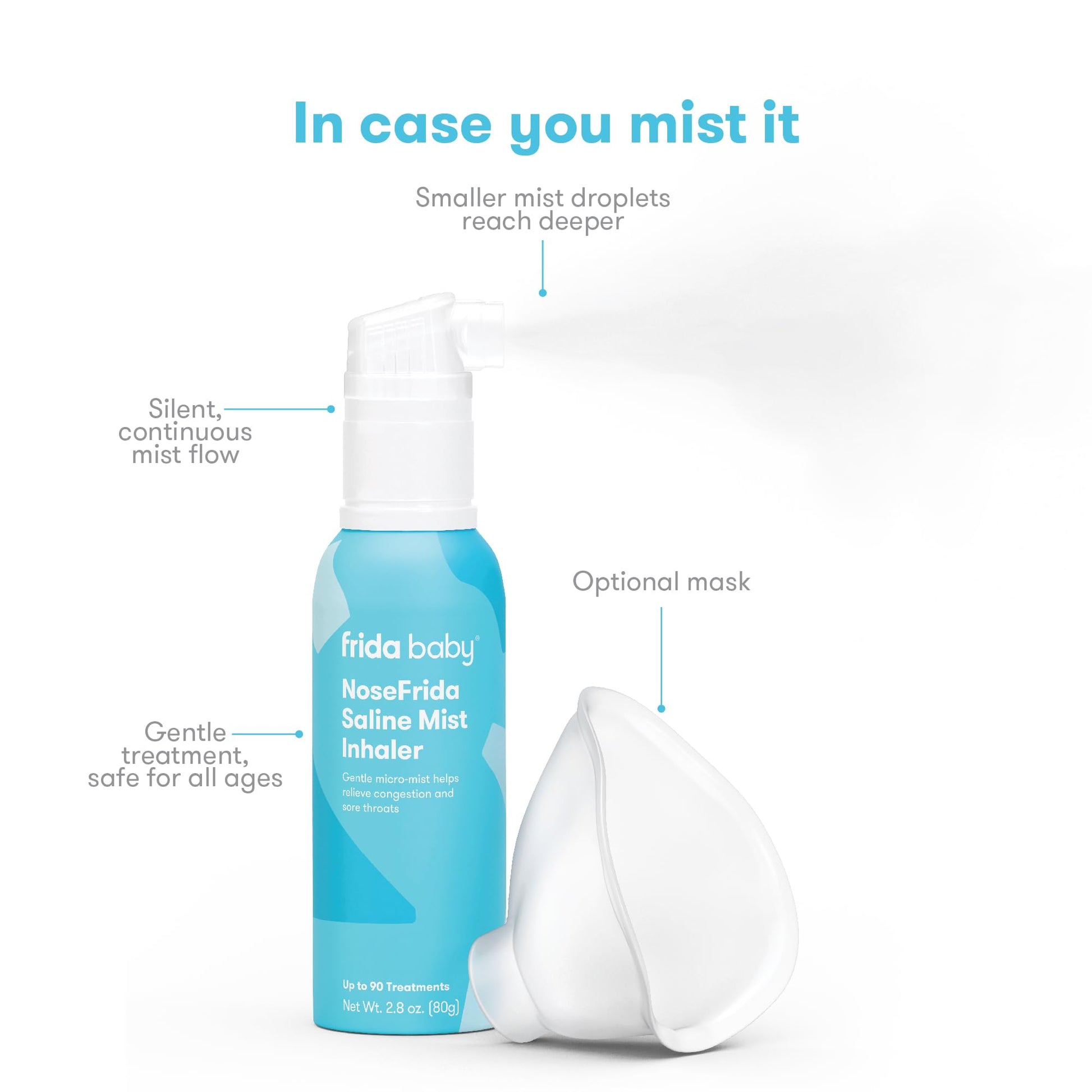 Frida Baby NoseFrida Saline Mist Nasal Inhaler, Allergy Relief and Congestion Relief for Babies + Kids, Nasal Saline Spray, Saline Inhaler Soothes Stuffy Nose and Sore Throat, Includes Optional Mask - Medaid