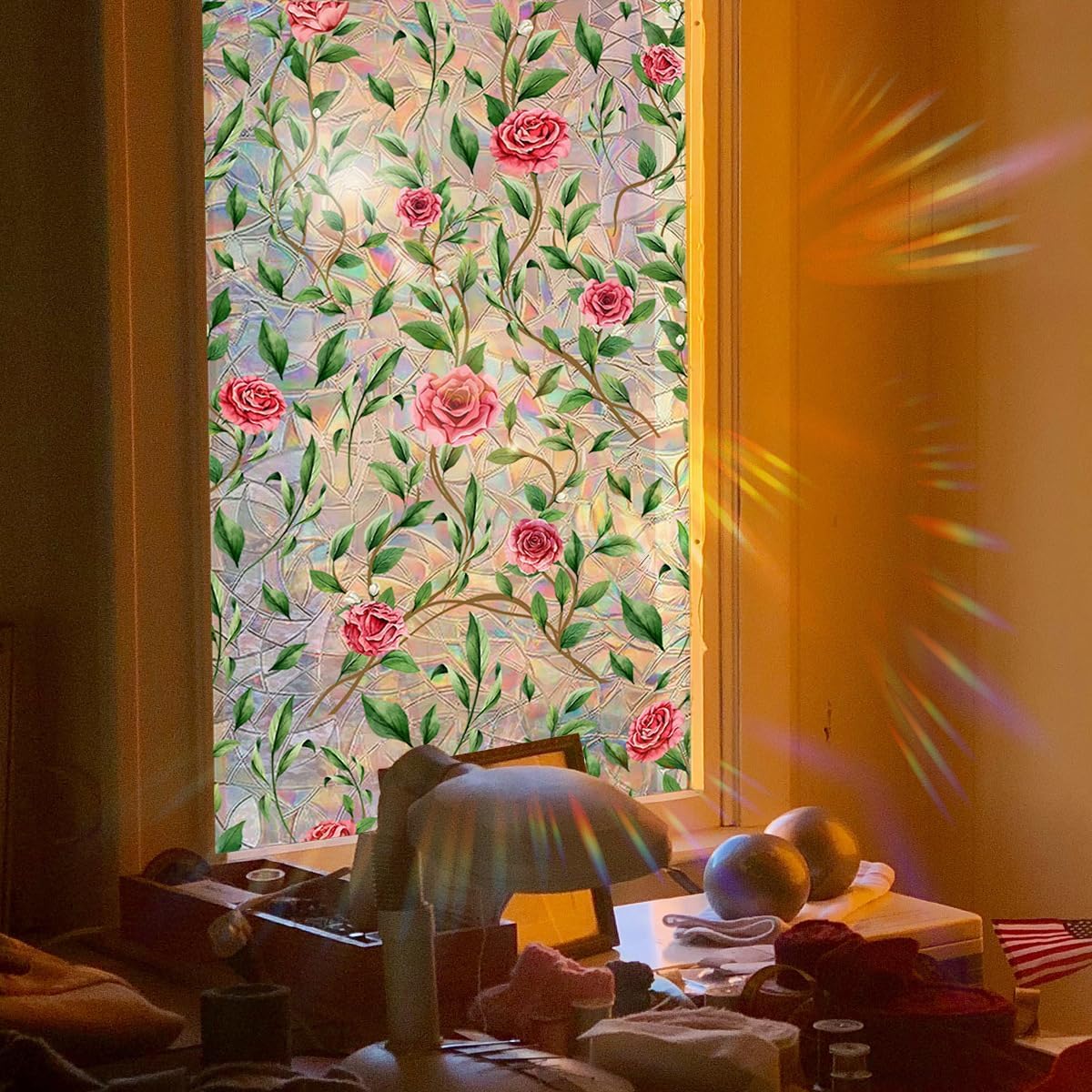 NALACAL Window Privacy Film, Decorative Rose Floral Frosted Window Film, Double Sided Static Glass Window Clings, 45 x 100cm - Medaid