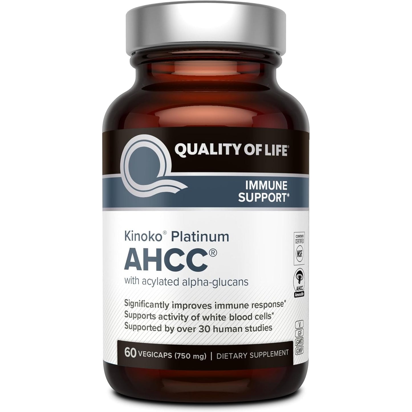 Quality of Life Premium Kinoko Platinum AHCC Herbal Supplement, 750mg of AHCC per Capsule, for Immune Support, Liver Function, Maintains Natural Killer Cell Activity, 1 Pack, 60 Veggie Capsules - Medaid
