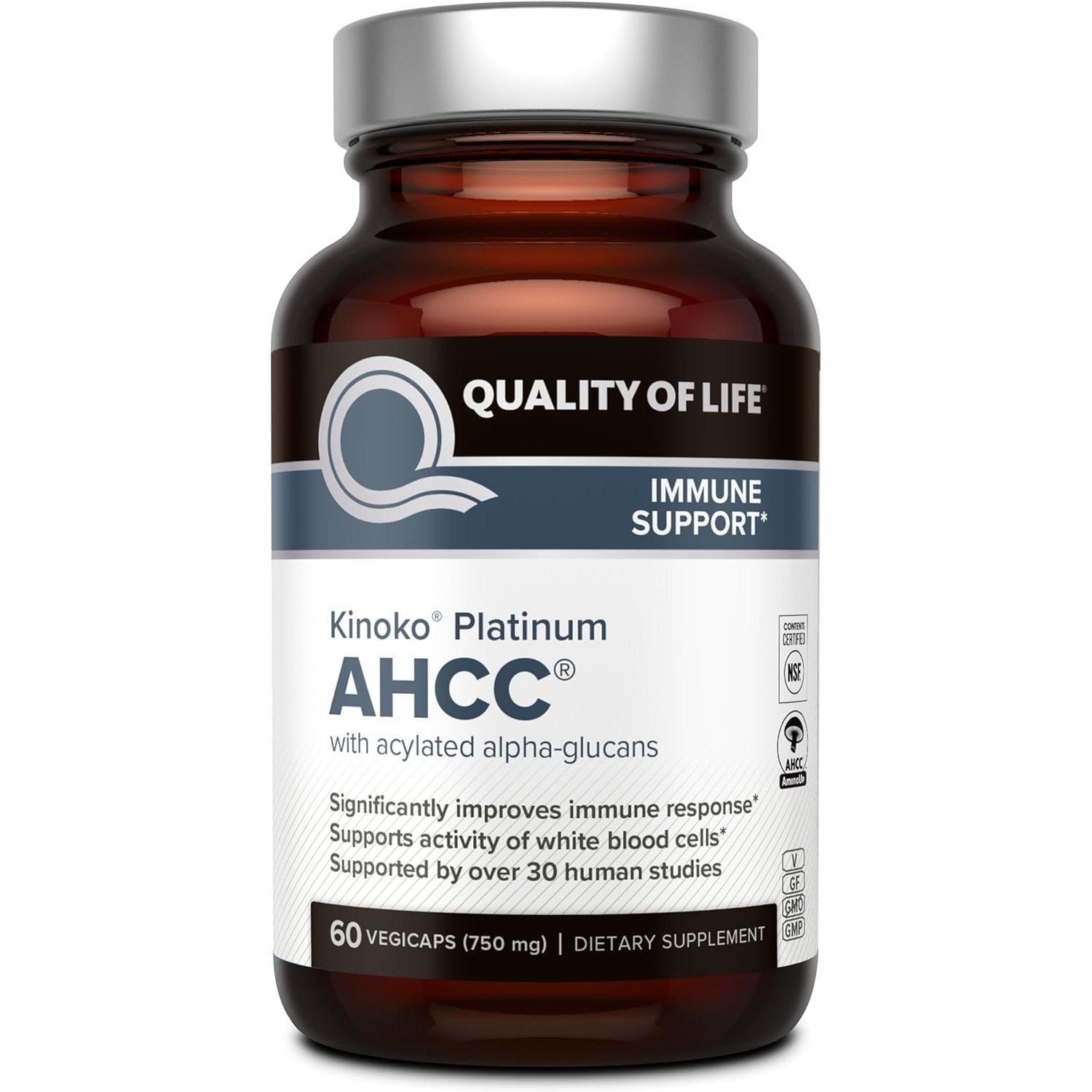 Quality of Life Premium Kinoko Platinum AHCC Herbal Supplement, 750mg of AHCC per Capsule, for Immune Support, Liver Function, Maintains Natural Killer Cell Activity, 1 Pack, 60 Veggie Capsules - Medaid