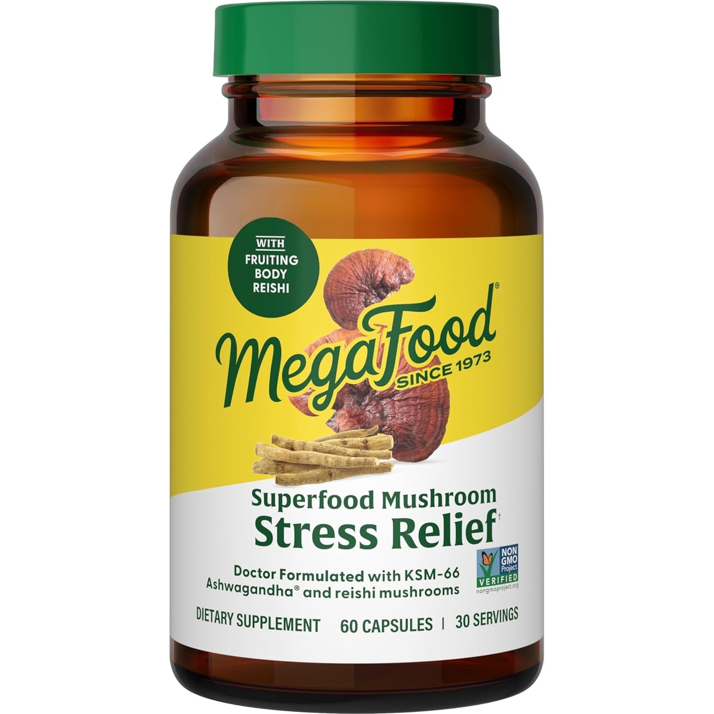 MegaFood Superfood Mushroom Stress Relief-Reishi Mushroom Supplement-Clinically Studied KSM-66 Ashwagandha-Vegan-60 Caps,30 Serve-1 Month Supply - Medaid