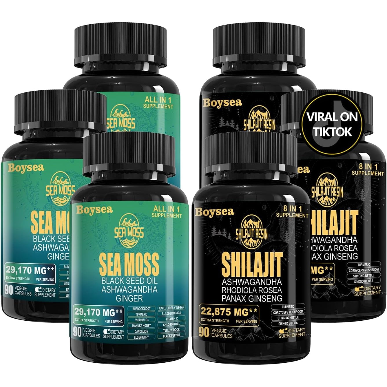 Boysea Superfood Supplement Bundle - 90 Count Sea Moss Capsules (Sea Moss, Black Seed Oil) & 90 Count Pure Shilajit Capsules (Shilajit, Ashwagandha) - 4 Pack - Medaid