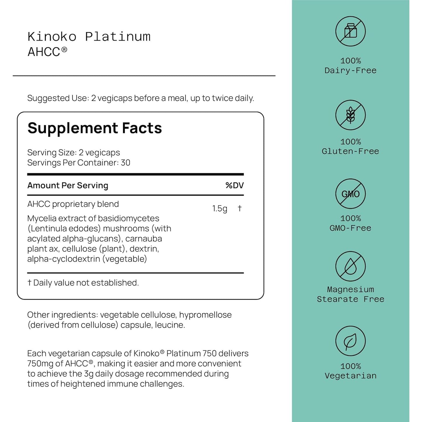 Quality of Life Premium Kinoko Platinum AHCC Herbal Supplement, 750mg of AHCC per Capsule, for Immune Support, Liver Function, Maintains Natural Killer Cell Activity, 1 Pack, 60 Veggie Capsules - Medaid