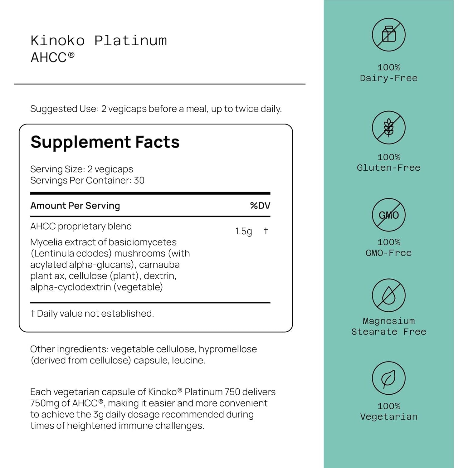 Quality of Life Premium Kinoko Platinum AHCC Herbal Supplement, 750mg of AHCC per Capsule, for Immune Support, Liver Function, Maintains Natural Killer Cell Activity, 1 Pack, 60 Veggie Capsules - Medaid